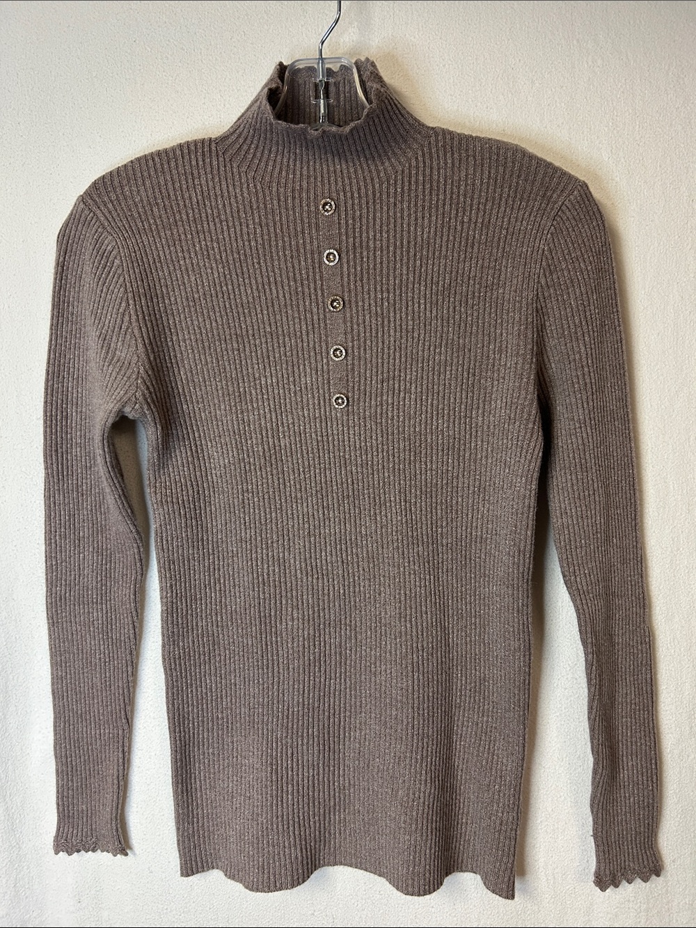 S.Christina NWT Cashmere Taupe Mock Neck Sweater with Crystal Buttons Size L
